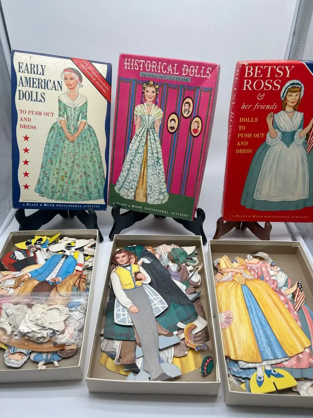 Lot of 3 Historical Betsy Ross Paper Dolls Platt Munk Educational Activity 1963